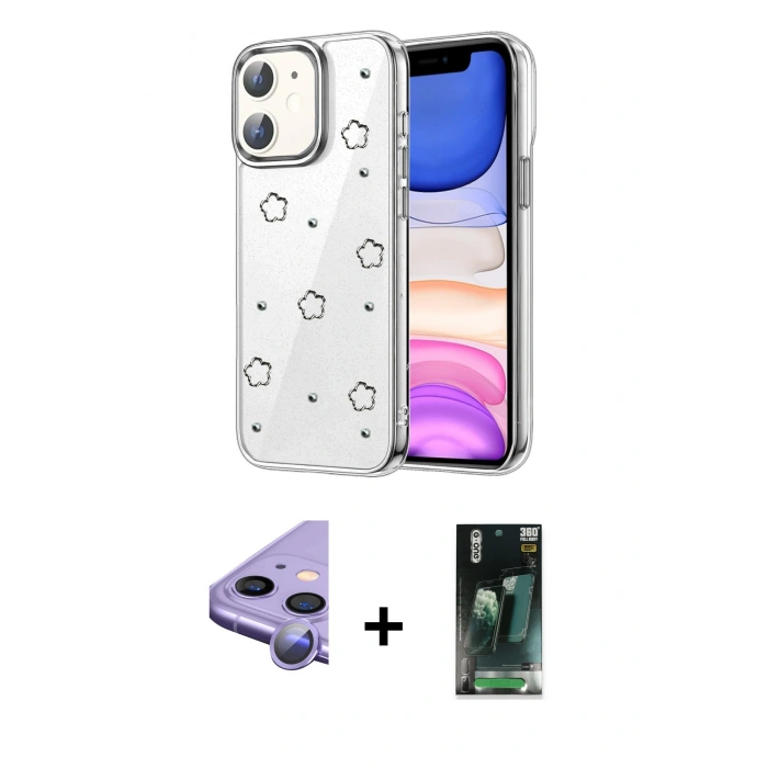 MARSİLYAN™- iPhone 11 Kılıf Yörünge Form - Şeffaf 360 Full Body Arka Koruyucu + Raze Metal Kamera Lens - MR