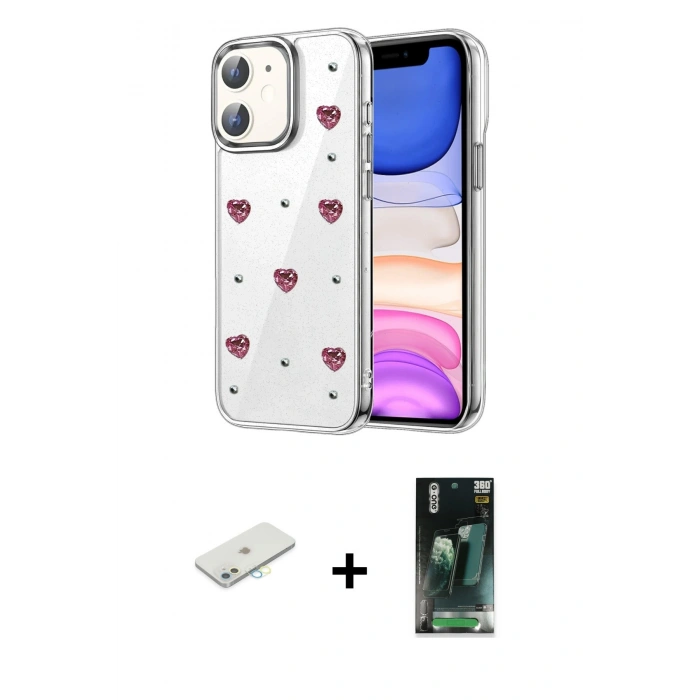 MARSİLYAN™- iPhone 11 Kılıf Yörünge Form - Şeffaf 360 Full Body Arka Koruyucu + Renkli Kamera Lens Koruma Cam - SI