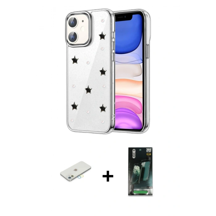 MARSİLYAN™- iPhone 11 Kılıf Yörünge Form - Şeffaf 360 Full Body Arka Koruyucu + Renkli Kamera Lens Koruma Cam - SI