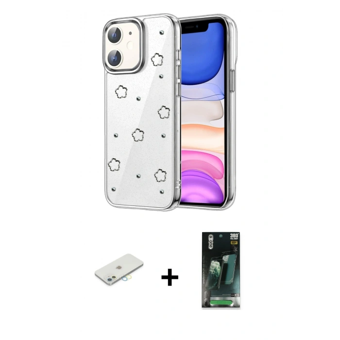 MARSİLYAN™- iPhone 11 Kılıf Yörünge Form - Şeffaf 360 Full Body Arka Koruyucu + Renkli Kamera Lens Koruma Cam - SI