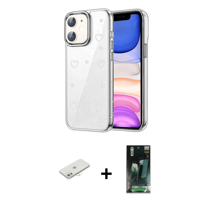 MARSİLYAN™- iPhone 11 Kılıf Yörünge Form - Şeffaf 360 Full Body Arka Koruyucu + Renkli Kamera Lens Koruma Cam - SI