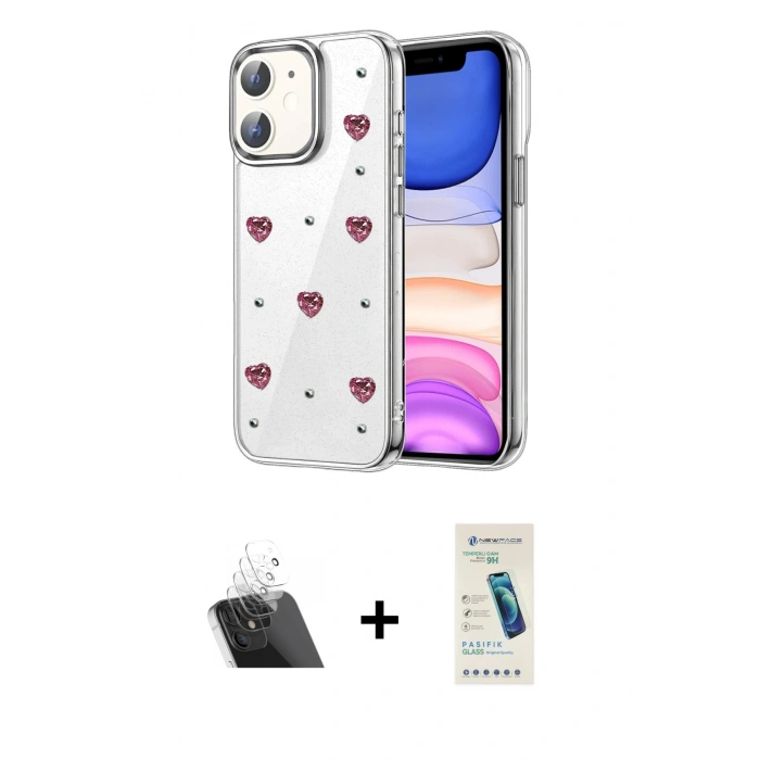 MARSİLYAN™- iPhone 11 Kılıf Yörünge Form - Şeffaf Pasifik Cam Ekran Koruyucu + Kamera Lens Koruma Cam - SF