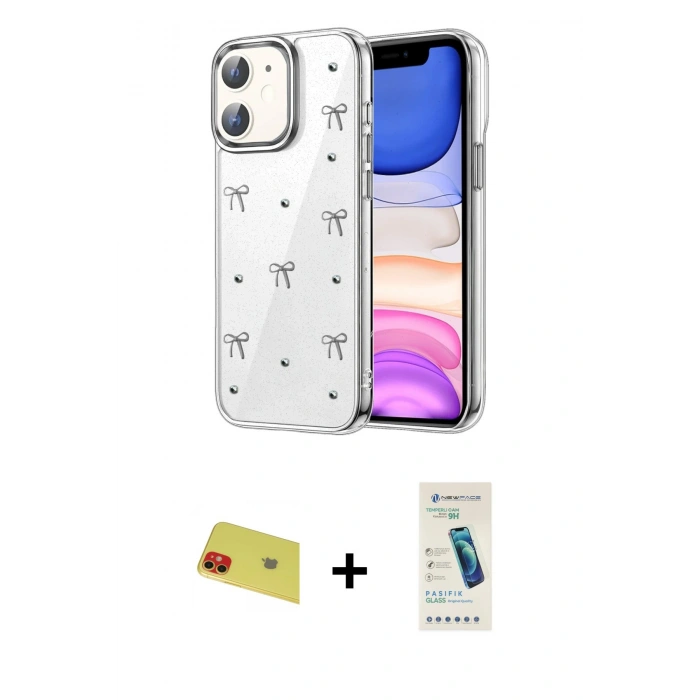 MARSİLYAN™- iPhone 11 Kılıf Yörünge Form - Şeffaf Pasifik Cam Ekran Koruyucu + Rainbow Kamera Lens Koruma Cam - KI