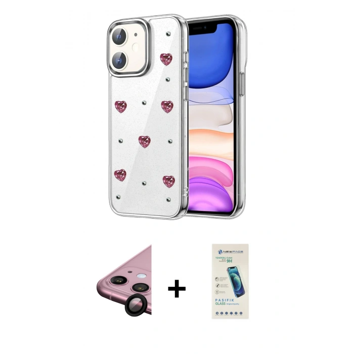 MARSİLYAN™- iPhone 11 Kılıf Yörünge Form - Şeffaf Pasifik Cam Ekran Koruyucu + Raze Metal Kamera Lens - SH