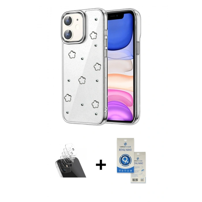 MARSİLYAN™- iPhone 11 Kılıf Yörünge Form - Şeffaf Royal Nano Ekran Koruyucu + Kamera Lens Koruma Cam - SF