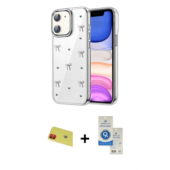 MARSİLYAN™- iPhone 11 Kılıf Yörünge Form - Şeffaf Royal Nano Ekran Koruyucu + Rainbow Kamera Lens Koruma Cam - KI