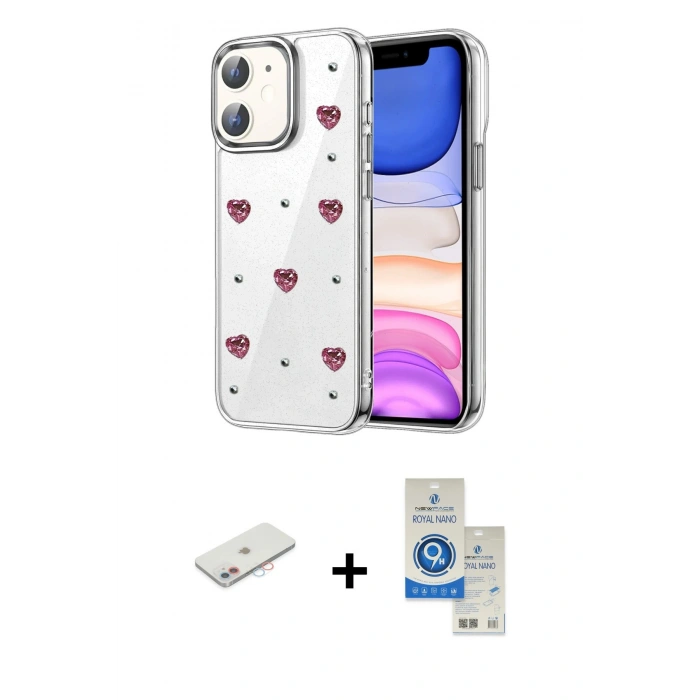 MARSİLYAN™- iPhone 11 Kılıf Yörünge Form - Şeffaf Royal Nano Ekran Koruyucu + Renkli Kamera Lens Koruma Cam - PE