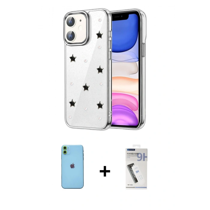 MARSİLYAN™- iPhone 11 Kılıf Yörünge Form - Şeffaf Uv Polymer Nano Ekran Koruyucu + Neon Fosforlu Kamera Lens - YL