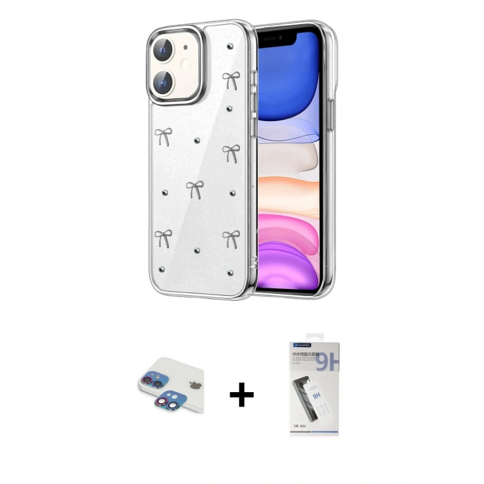 MARSİLYAN™- iPhone 11 Kılıf Yörünge Form - Şeffaf Uv Polymer Nano Ekran Koruyucu + Pers Alüminyum Kamera Lens - GI