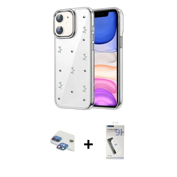 MARSİLYAN™- iPhone 11 Kılıf Yörünge Form - Şeffaf Uv Polymer Nano Ekran Koruyucu + Pers Alüminyum Kamera Lens - GI