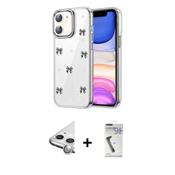 MARSİLYAN™- iPhone 11 Kılıf Yörünge Form - Şeffaf Uv Polymer Nano Ekran Koruyucu + Raze Metal Kamera Lens - GS