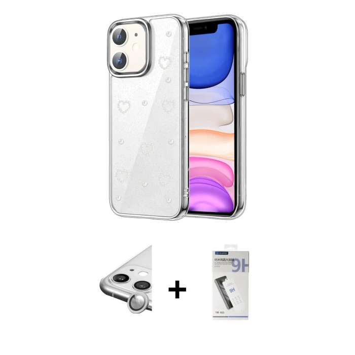 MARSİLYAN™- iPhone 11 Kılıf Yörünge Form - Şeffaf Uv Polymer Nano Ekran Koruyucu + Raze Metal Kamera Lens - GS