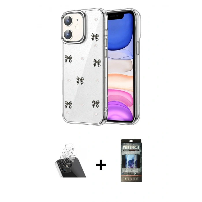 MARSİLYAN™- iPhone 11 Kılıf Yörünge Form - Siyah 34D Hayalet Izgaralı Cam + Kamera Lens Koruma Cam - SF