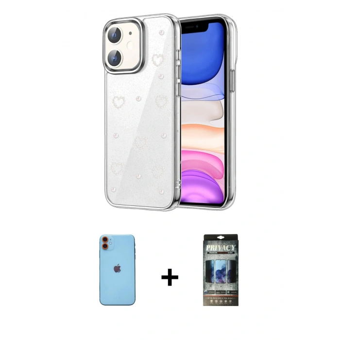 MARSİLYAN™- iPhone 11 Kılıf Yörünge Form - Siyah 34D Hayalet Izgaralı Cam + Neon Fosforlu Kamera Lens - TU