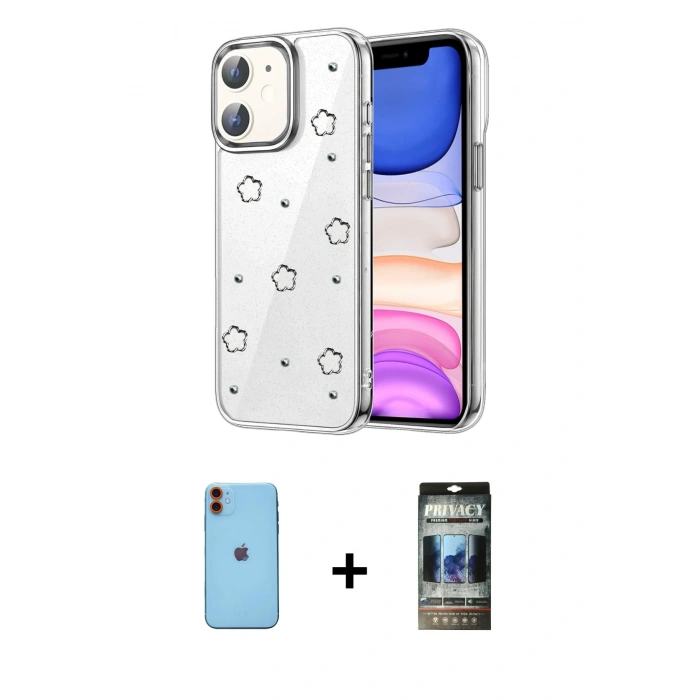 MARSİLYAN™- iPhone 11 Kılıf Yörünge Form - Siyah 34D Hayalet Izgaralı Cam + Neon Fosforlu Kamera Lens - TU