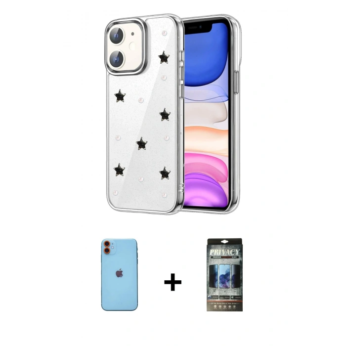 MARSİLYAN™- iPhone 11 Kılıf Yörünge Form - Siyah 34D Hayalet Izgaralı Cam + Neon Fosforlu Kamera Lens - TU