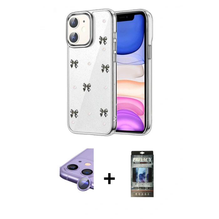 MARSİLYAN™- iPhone 11 Kılıf Yörünge Form - Siyah 34D Hayalet Izgaralı Cam + Raze Metal Kamera Lens - MR