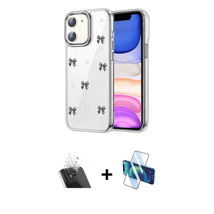 MARSİLYAN™- iPhone 11 Kılıf Yörünge Form - Siyah 3D Antistatik Cam Ekran Koruyucu + Kamera Lens Koruma Cam - SF