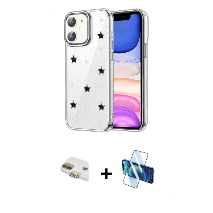 MARSİLYAN™- iPhone 11 Kılıf Yörünge Form - Siyah 3D Antistatik Cam Ekran Koruyucu + Pers Alüminyum Kamera Lens - GD