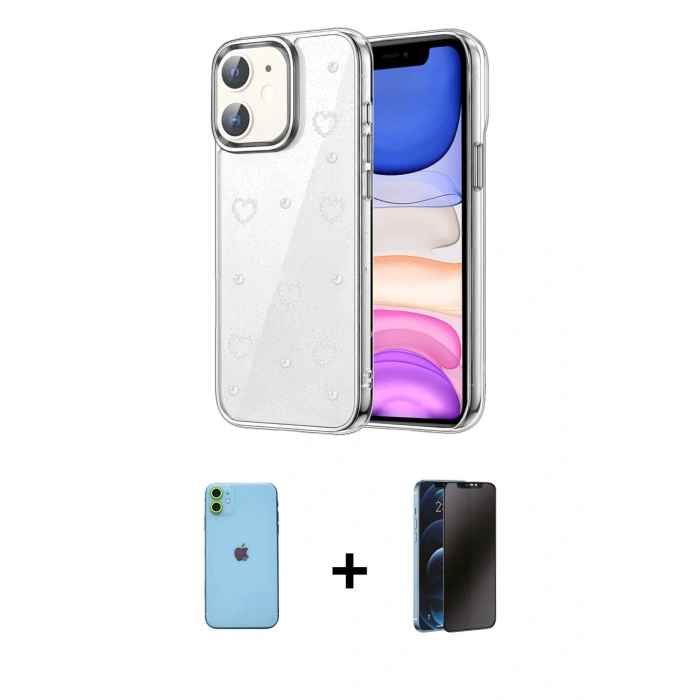 MARSİLYAN™- iPhone 11 Kılıf Yörünge Form - Siyah 3D Antistatik Hayalet Cam Ekran Koruyucu + Neon Fosforlu Kamera Lens - YL