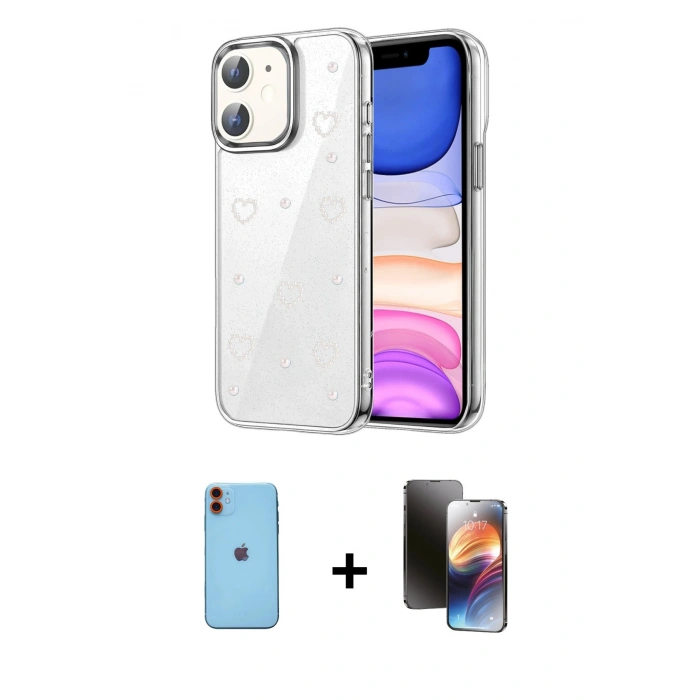 MARSİLYAN™- iPhone 11 Kılıf Yörünge Form - Siyah 3D Antistatik Mat Seramik Nano Ekran Koruyucu + Neon Fosforlu Kamera Lens - TU
