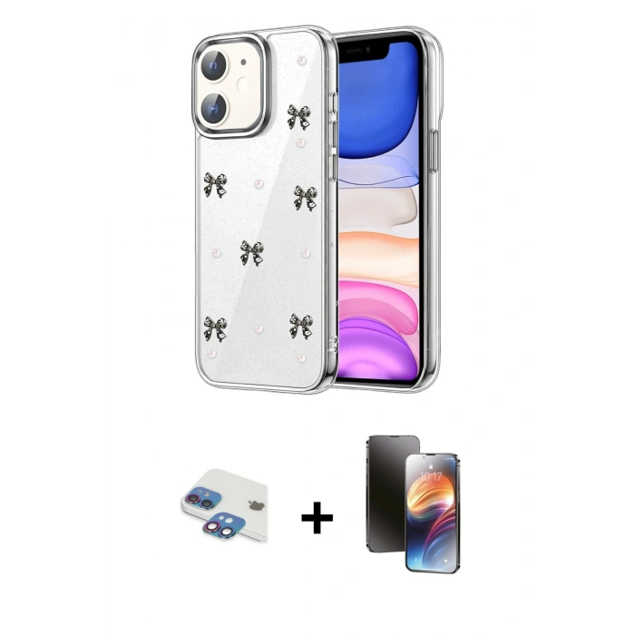 MARSİLYAN™- iPhone 11 Kılıf Yörünge Form - Siyah 3D Antistatik Mat Seramik Nano Ekran Koruyucu + Pers Alüminyum Kamera Lens - GI