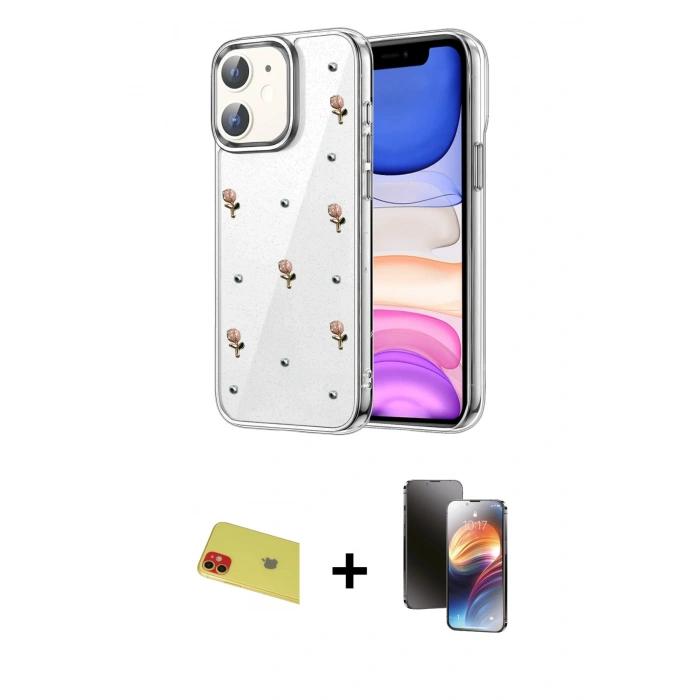 MARSİLYAN™- iPhone 11 Kılıf Yörünge Form - Siyah 3D Antistatik Mat Seramik Nano Ekran Koruyucu + Rainbow Kamera Lens Koruma Cam - KI