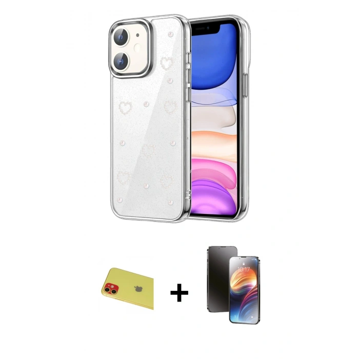 MARSİLYAN™- iPhone 11 Kılıf Yörünge Form - Siyah 3D Antistatik Mat Seramik Nano Ekran Koruyucu + Rainbow Kamera Lens Koruma Cam - KI