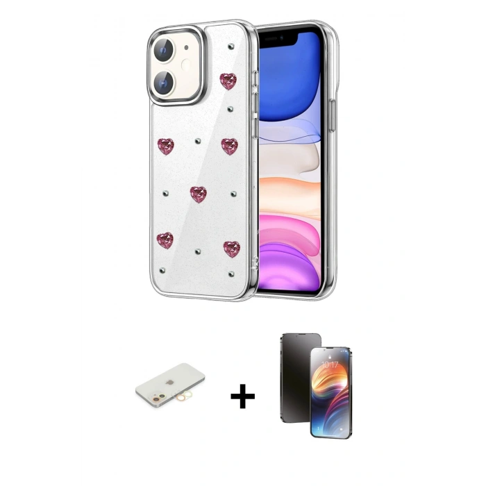 MARSİLYAN™- iPhone 11 Kılıf Yörünge Form - Siyah 3D Antistatik Mat Seramik Nano Ekran Koruyucu + Renkli Kamera Lens Koruma Cam - SI