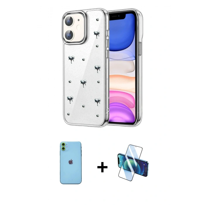 MARSİLYAN™- iPhone 11 Kılıf Yörünge Form - Siyah 3D Antistatik Seramik Nano Ekran Koruyucu + Neon Fosforlu Kamera Lens - YL