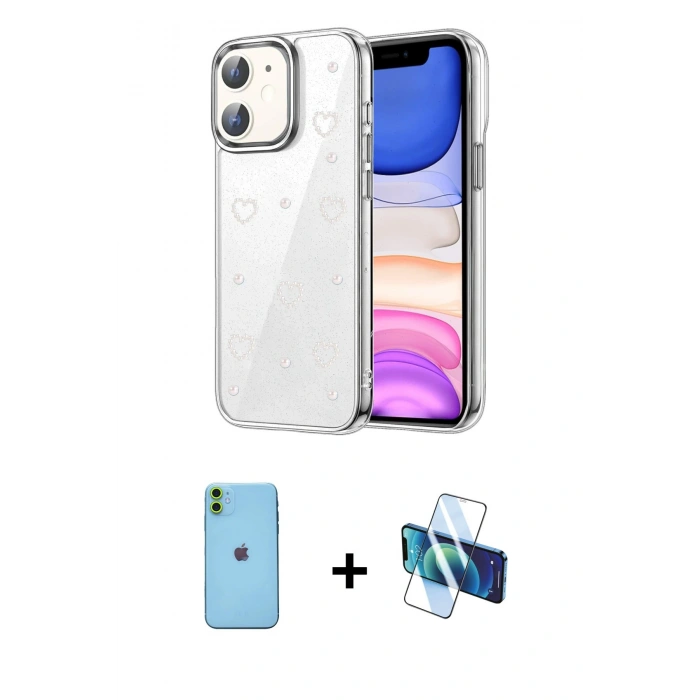 MARSİLYAN™- iPhone 11 Kılıf Yörünge Form - Siyah 3D Antistatik Seramik Nano Ekran Koruyucu + Neon Fosforlu Kamera Lens - YL