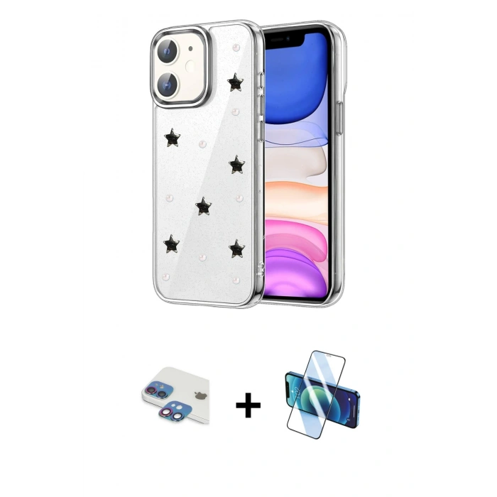 MARSİLYAN™- iPhone 11 Kılıf Yörünge Form - Siyah 3D Antistatik Seramik Nano Ekran Koruyucu + Pers Alüminyum Kamera Lens - GI