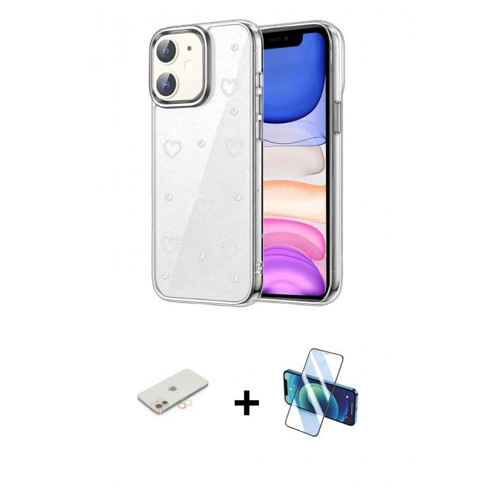 MARSİLYAN™- iPhone 11 Kılıf Yörünge Form - Siyah 3D Antistatik Seramik Nano Ekran Koruyucu + Renkli Kamera Lens Koruma Cam - YL
