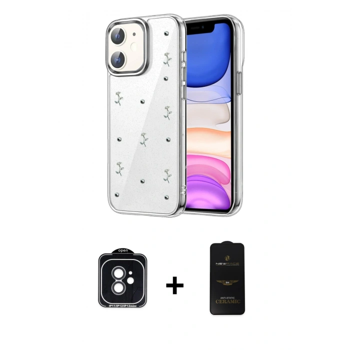 MARSİLYAN™- iPhone 11 Kılıf Yörünge Form - Siyah 6D Antistatik Mat Seramik Hayalet Nano Ekran Koruyucu + PVD Metal Kamera Lens - SH