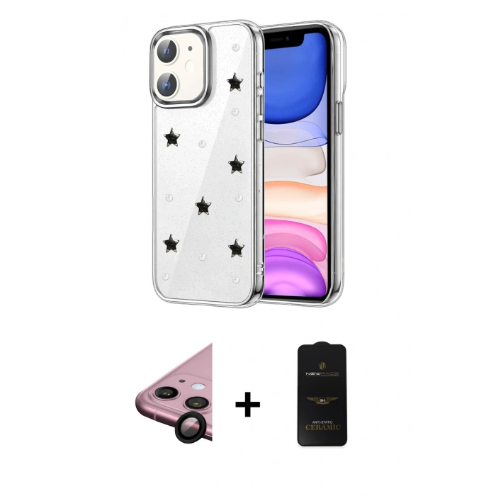 MARSİLYAN™- iPhone 11 Kılıf Yörünge Form - Siyah 6D Antistatik Mat Seramik Hayalet Nano Ekran Koruyucu + Raze Metal Kamera Lens - SH