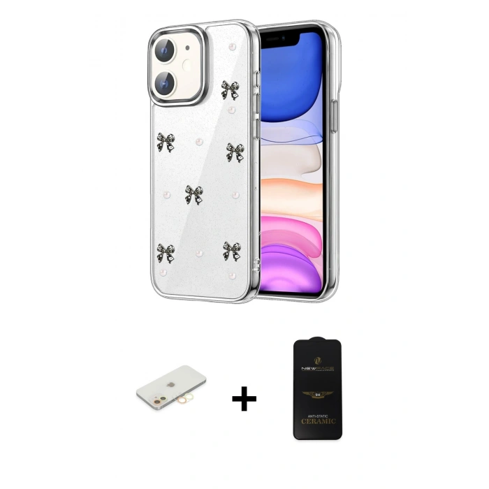 MARSİLYAN™- iPhone 11 Kılıf Yörünge Form - Siyah 6D Antistatik Mat Seramik Hayalet Nano Ekran Koruyucu + Renkli Kamera Lens Koruma Cam - SI