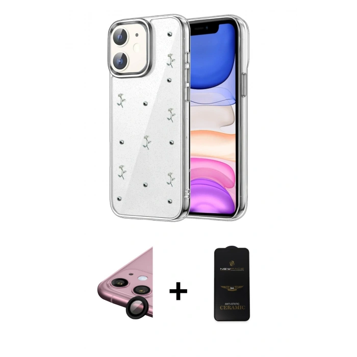 MARSİLYAN™- iPhone 11 Kılıf Yörünge Form - Siyah 6D Antistatik Mat Seramik Hayalet Nano Ekran Koruyucu + Raze Metal Kamera Lens - SH