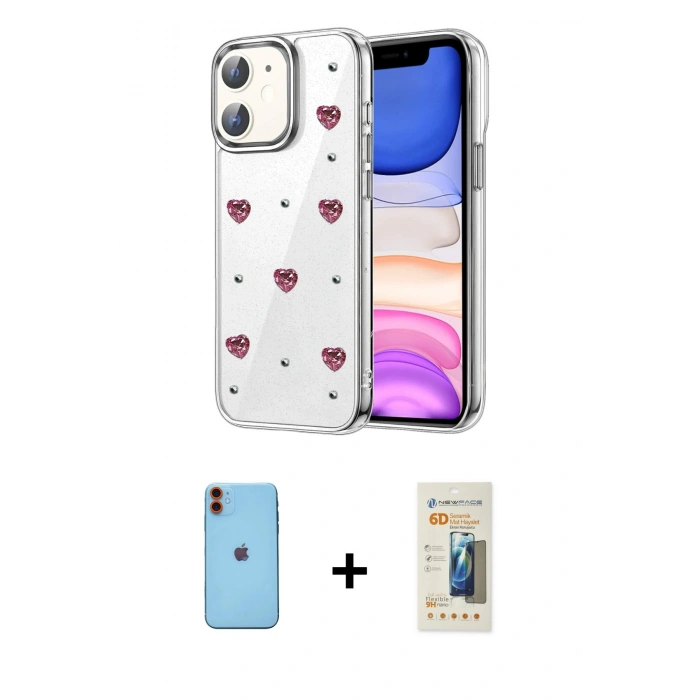 MARSİLYAN™- iPhone 11 Kılıf Yörünge Form - Siyah 6D Mat Seramik Hayalet Nano Ekran Koruyucu + Neon Fosforlu Kamera Lens - TU
