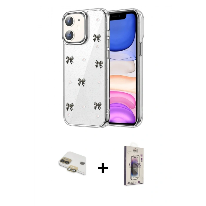 MARSİLYAN™- iPhone 11 Kılıf Yörünge Form - Siyah Bilvis 3D Cam Ekran Koruyucu + Pers Alüminyum Kamera Lens - GD