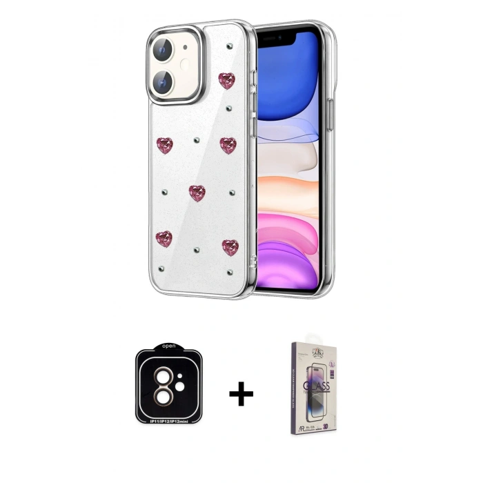 MARSİLYAN™- iPhone 11 Kılıf Yörünge Form - Siyah Bilvis 3D Cam Ekran Koruyucu + PVD Metal Kamera Lens - TU