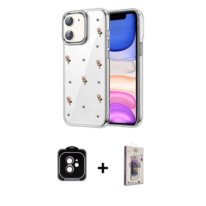 MARSİLYAN™- iPhone 11 Kılıf Yörünge Form - Siyah Bilvis 3D Cam Ekran Koruyucu + PVD Metal Kamera Lens - TU