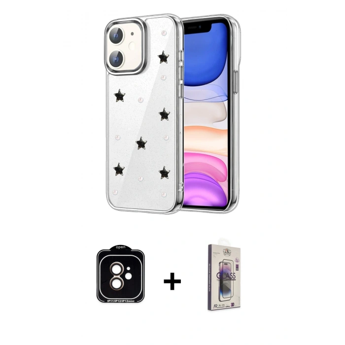 MARSİLYAN™- iPhone 11 Kılıf Yörünge Form - Siyah Bilvis 3D Cam Ekran Koruyucu + PVD Metal Kamera Lens - TU