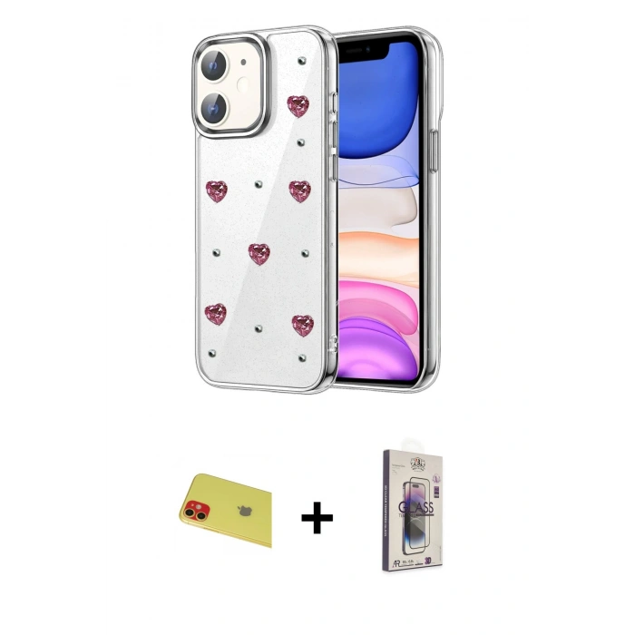 MARSİLYAN™- iPhone 11 Kılıf Yörünge Form - Siyah Bilvis 3D Cam Ekran Koruyucu + Rainbow Kamera Lens Koruma Cam - KI