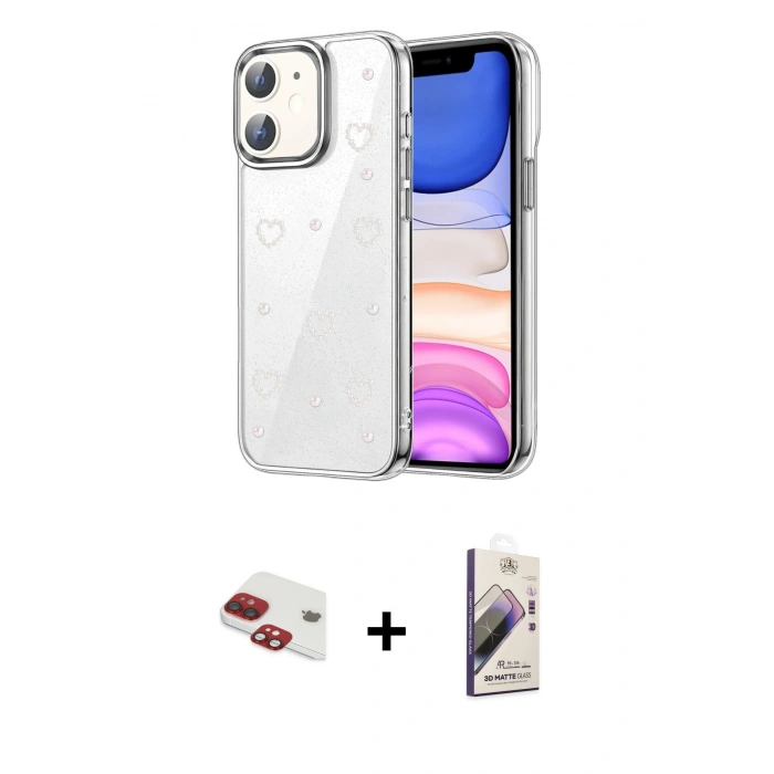 MARSİLYAN™- iPhone 11 Kılıf Yörünge Form - Siyah Bilvis 3D Mat Cam Ekran Koruyucu + Pers Alüminyum Kamera Lens - KI