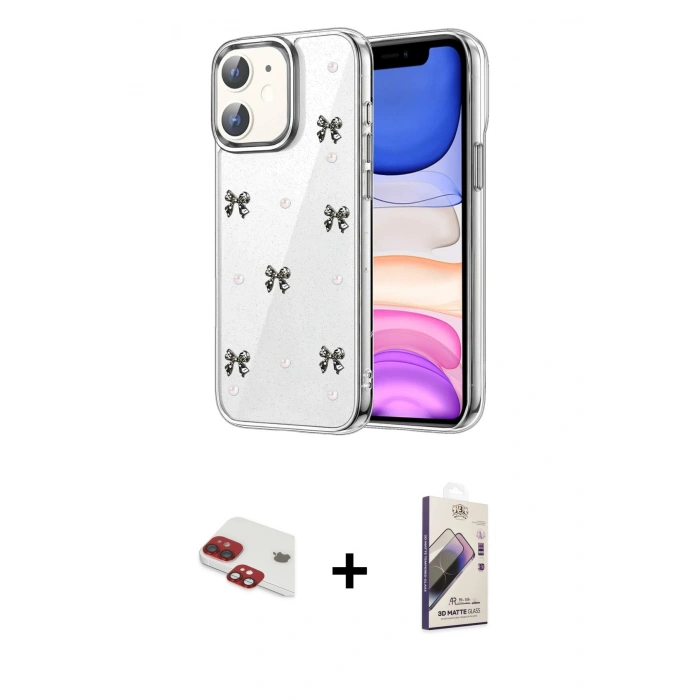MARSİLYAN™- iPhone 11 Kılıf Yörünge Form - Siyah Bilvis 3D Mat Cam Ekran Koruyucu + Pers Alüminyum Kamera Lens - KI