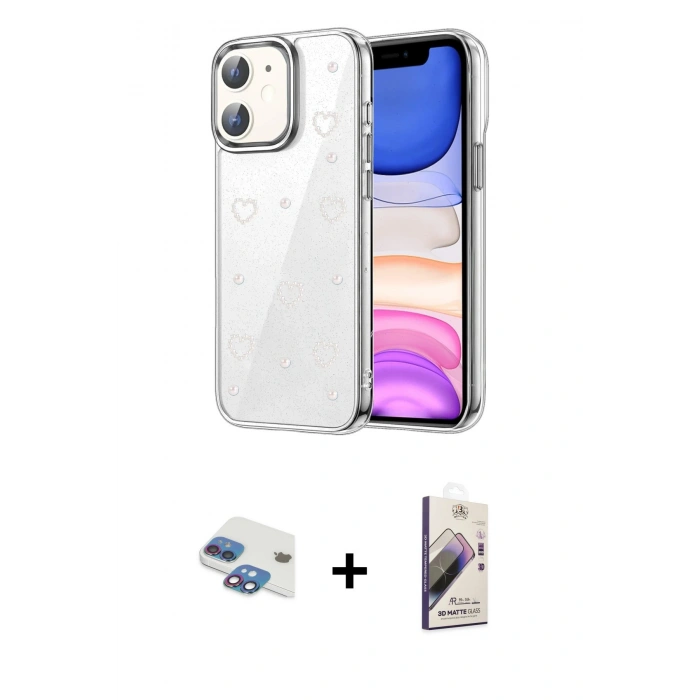 MARSİLYAN™- iPhone 11 Kılıf Yörünge Form - Siyah Bilvis 3D Mat Cam Ekran Koruyucu + Pers Alüminyum Kamera Lens - GI
