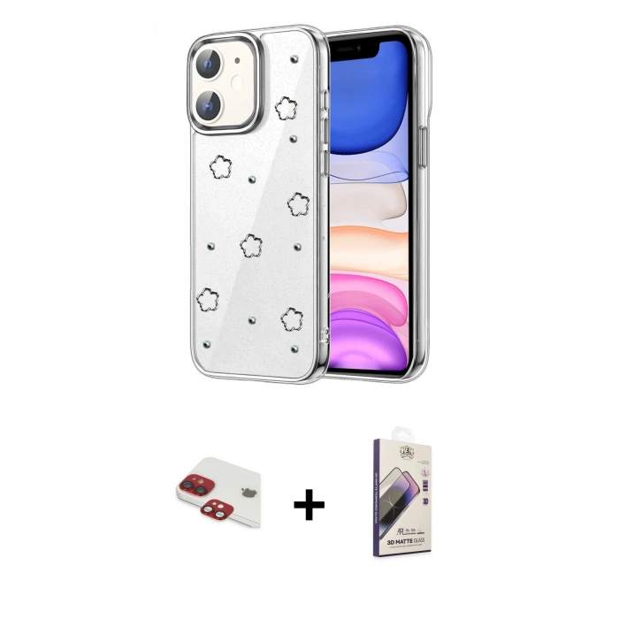 MARSİLYAN™- iPhone 11 Kılıf Yörünge Form - Siyah Bilvis 3D Mat Cam Ekran Koruyucu + Pers Alüminyum Kamera Lens - KI