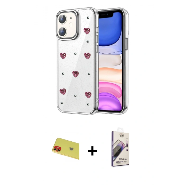 MARSİLYAN™- iPhone 11 Kılıf Yörünge Form - Siyah Bilvis 3D Mat Cam Ekran Koruyucu + Rainbow Kamera Lens Koruma Cam - KI
