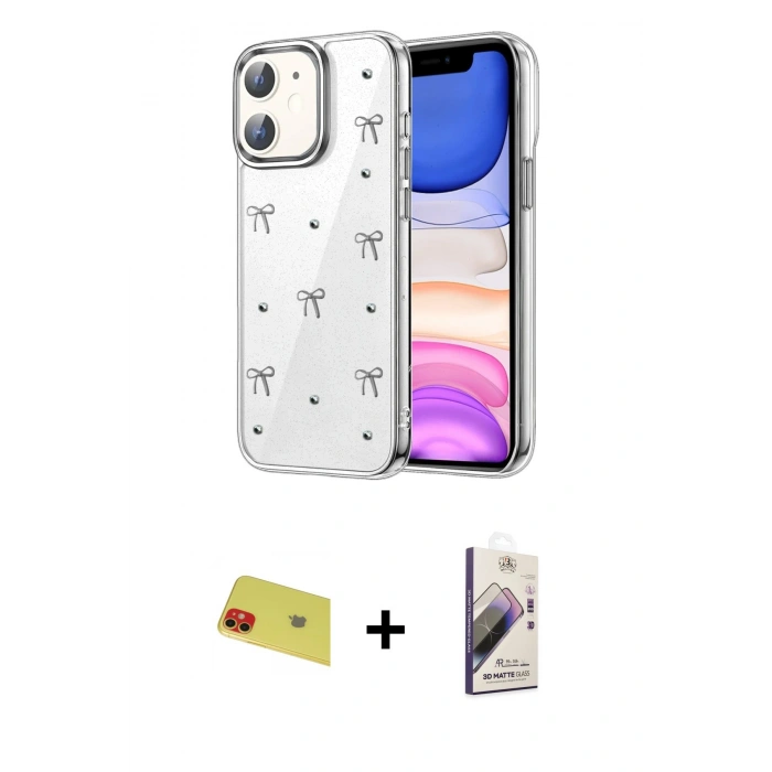 MARSİLYAN™- iPhone 11 Kılıf Yörünge Form - Siyah Bilvis 3D Mat Cam Ekran Koruyucu + Rainbow Kamera Lens Koruma Cam - KI