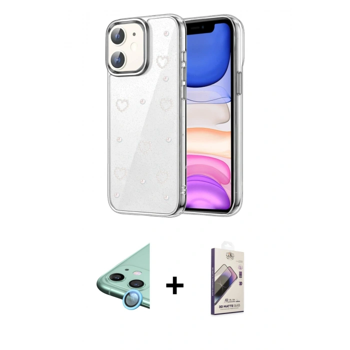 MARSİLYAN™- iPhone 11 Kılıf Yörünge Form - Siyah Bilvis 3D Mat Cam Ekran Koruyucu + Raze Metal Kamera Lens - MI